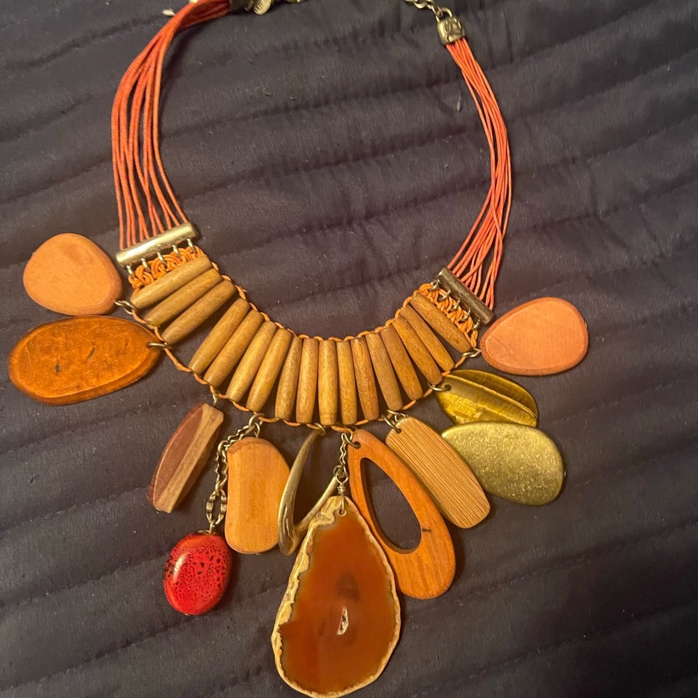 Rich wood, stone and leather necklace
